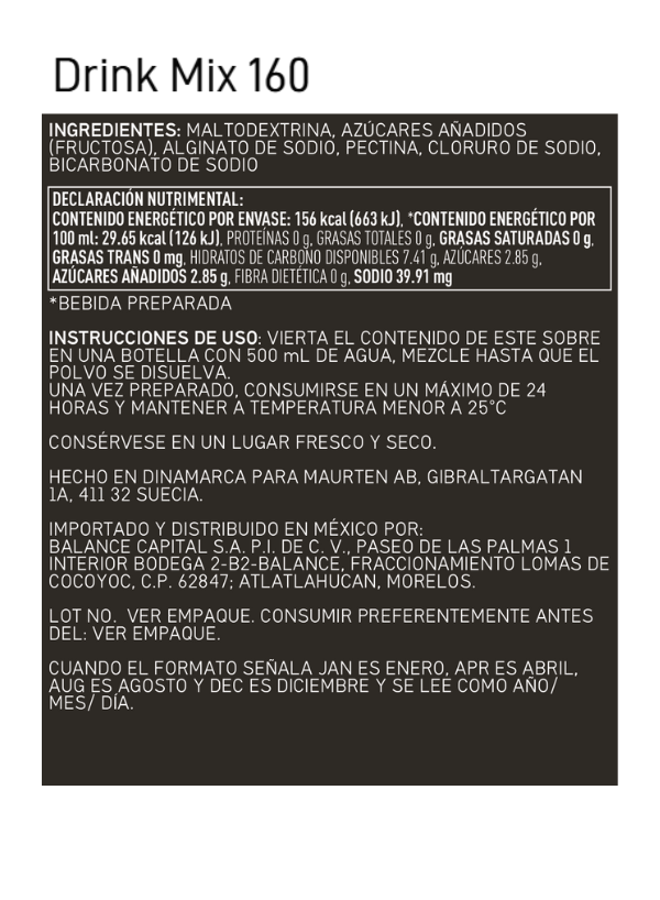 Maurten Drink Mix 160 — tabla nutrimental e ingredientes