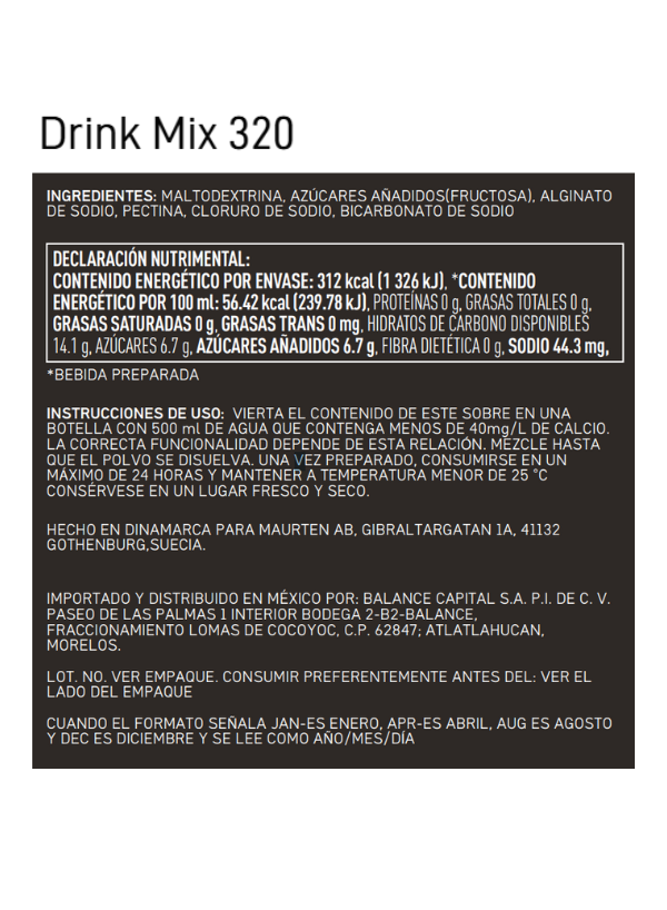 Maurten Drink Mix 320 — tabla nutrimental e ingredientes
